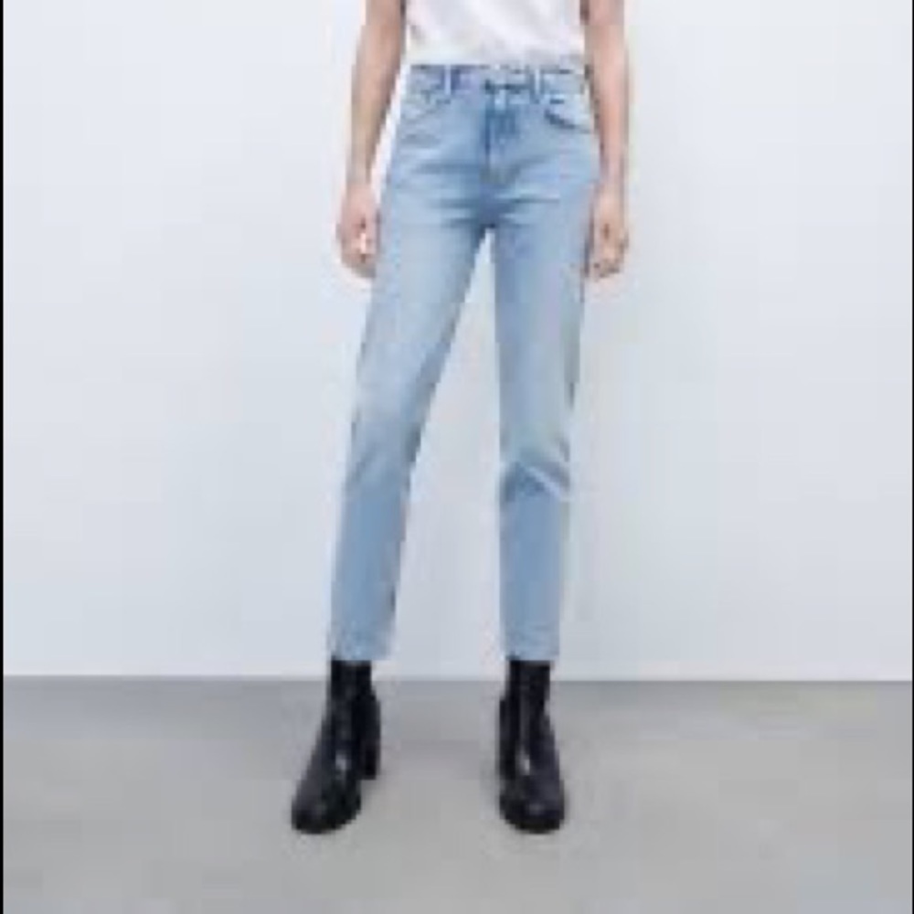 Zara Slim Straight Light Distressed Raw Hem‎ High Rise Denim Jeans